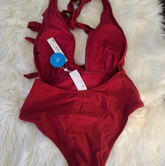 Women's One-piece Swimsuit Plunging Tie Front Solid RED  Sexy Backless Swimwear - Picture 3 of 5